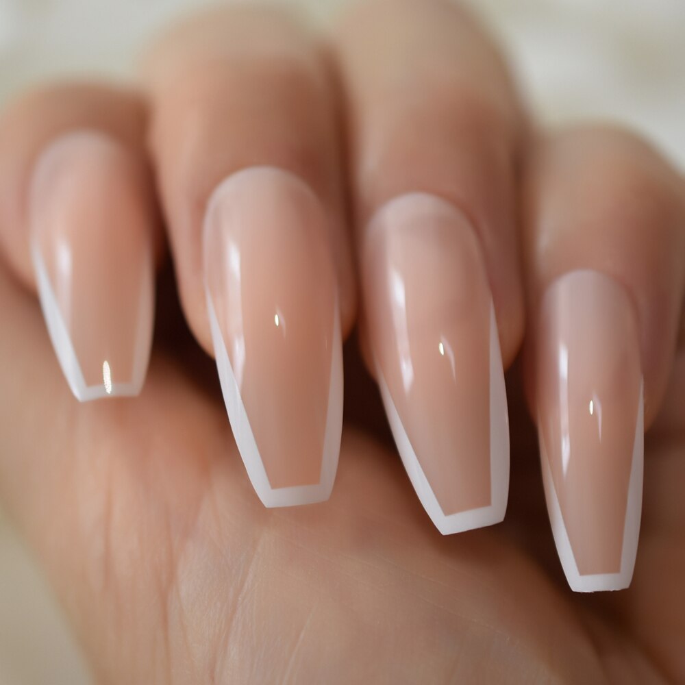 White V Shape French Nails Medium Stiletto Press On Nails Natural Color Predesigned Tips with Glue Sticker: L5634