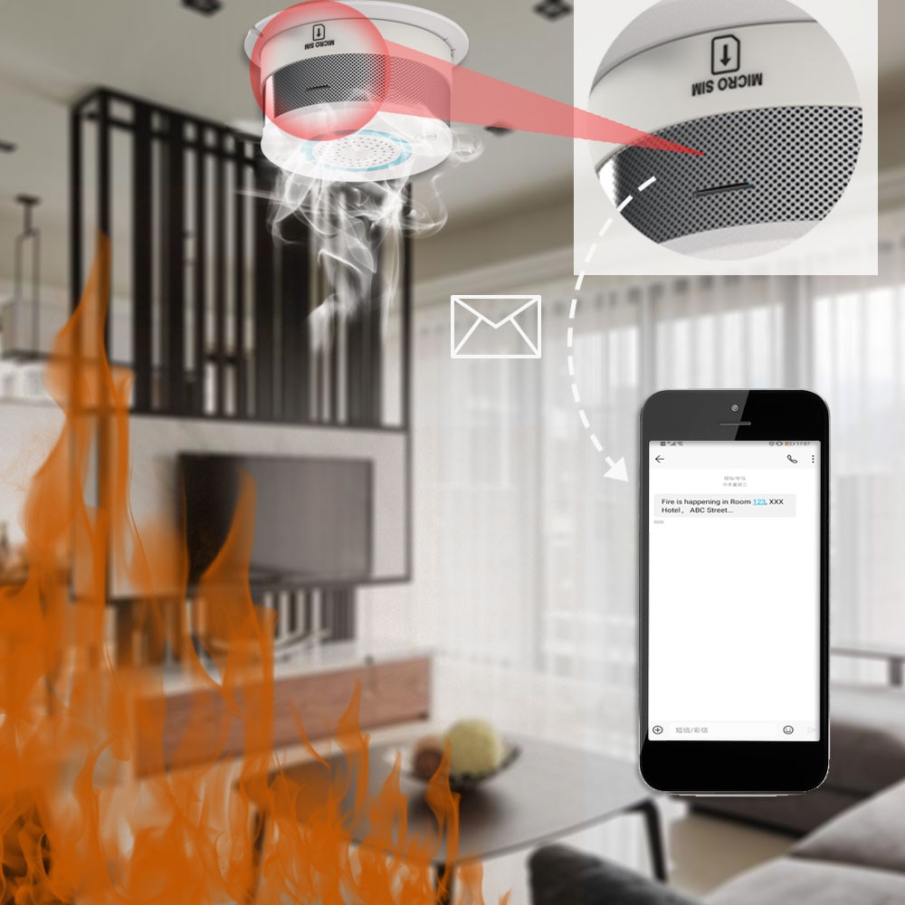 Gsm røykvarsler trådløs røykvarsler sender sms tekstvarslingsmelding gsm røyksensor alarm brannalarm med simkort