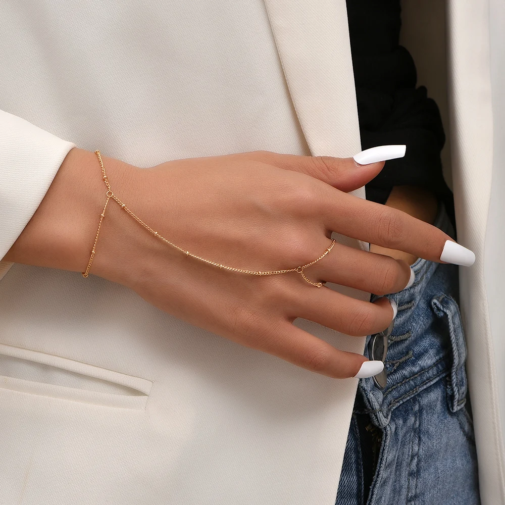 Elegant handkedjearmband ring guldpläterad handgjord länkkedjor förbindande sele armband handsmycken för kvinnor trendiga