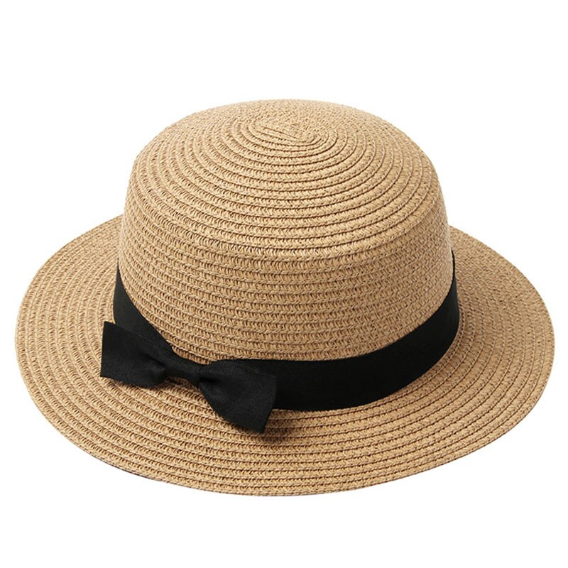 Zomer Vrouwen Hoed Strand Strooien Hoed Panama Dames Cap Modieuze Handgemaakte Toevallige Platte Rand Strik Zon Hoeden Voor Vrouwen: Khaki