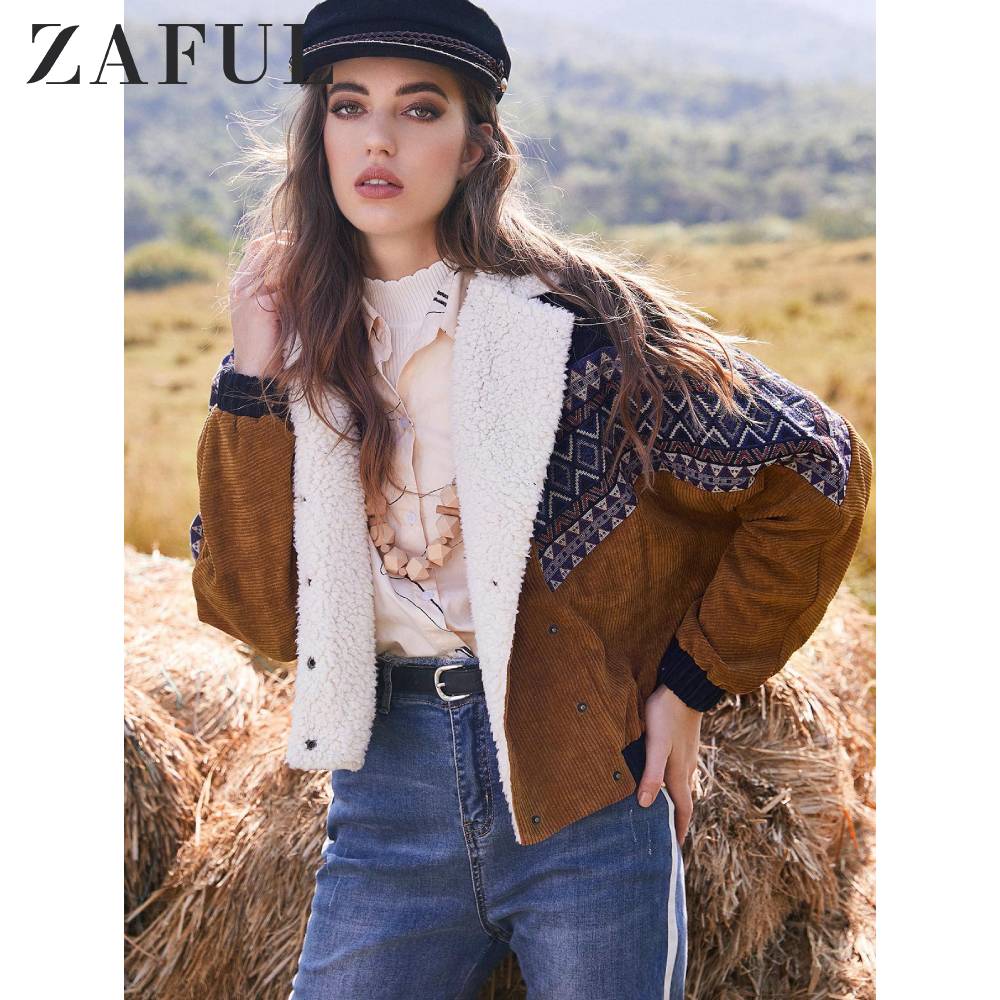 ZAFUL chaqueta de pana para mujer abrigos de invierno grueso cálido prendas de vestir doble pecho Tribal estampado Faux Shearling Panel chaqueta 5 colores