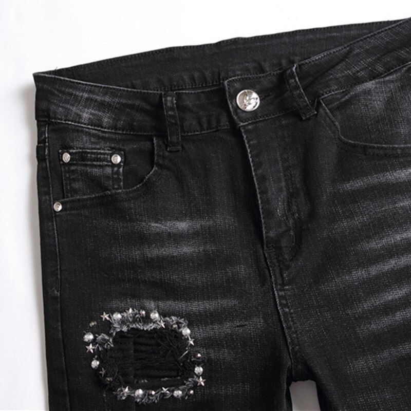 Pantalones vaqueros elásticos de estilo americano y europeo para hombre, Jeans negros rasgados con remaches, pantalones de pierna pequeña a la ,