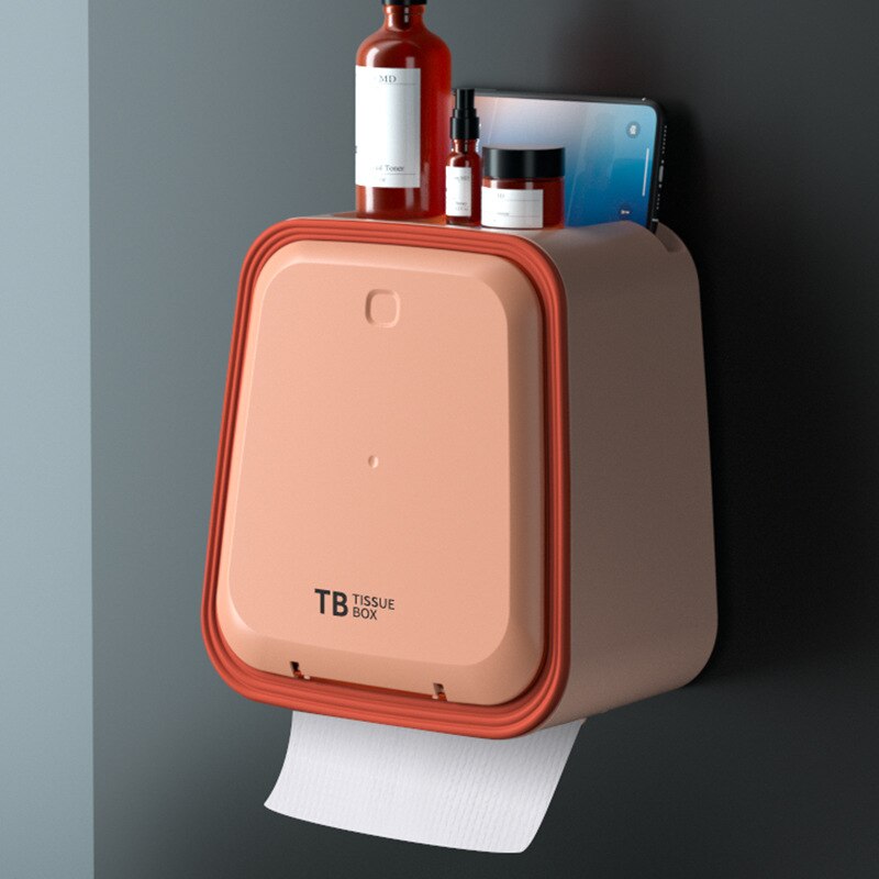 Tissue Box Household wall Mounted Tissue Box Waterproof Tissue Box For Double-layer Toilet Non Perforated Tissue Storage Box: Pink