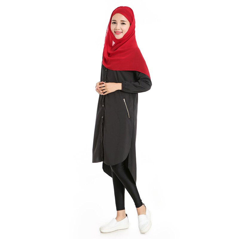 Kvinder muslimsk bluse afslappet islamisk tøj knap foran solid lange skjorte bluser toppe