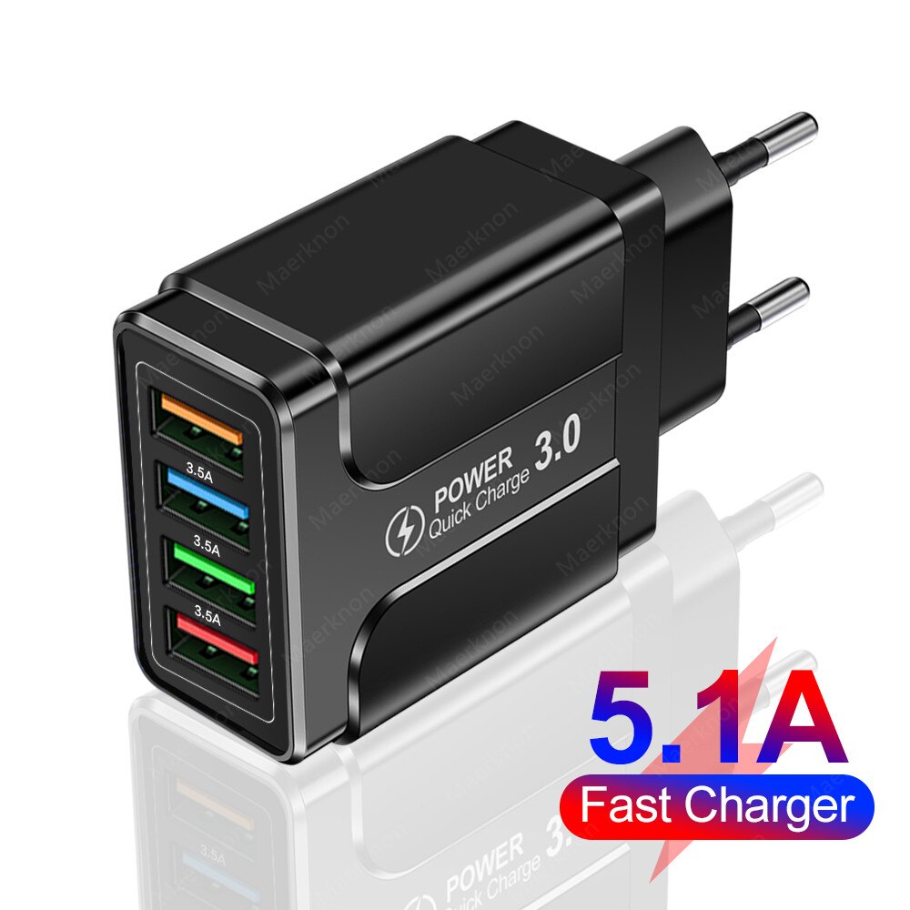 5.1A Quick Charge 4 Ports Universal Fast Charging EU US Plug Power Adapter For Samsung S10 iPhone12 Tablet Mobile Phone Charger