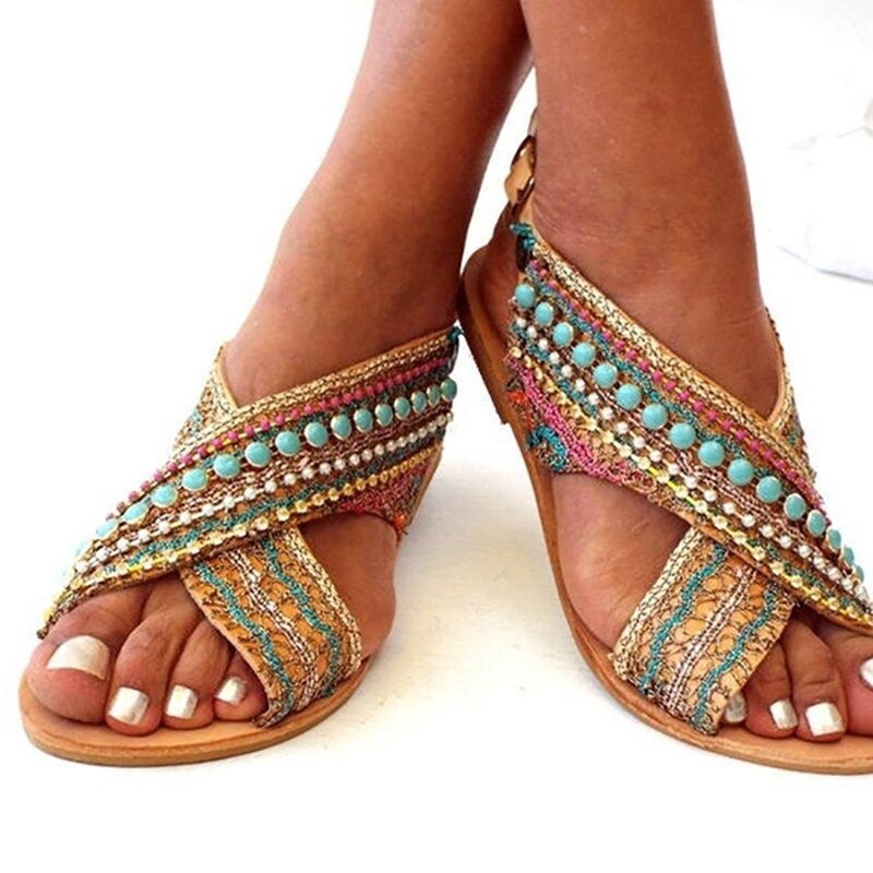 Sandálias femininas de verão com alça cruzada com miçangas sandálias planas estilo étnico estrangeiro boêmio sapatos de praia feminino sandalias sapatos mais tamanho