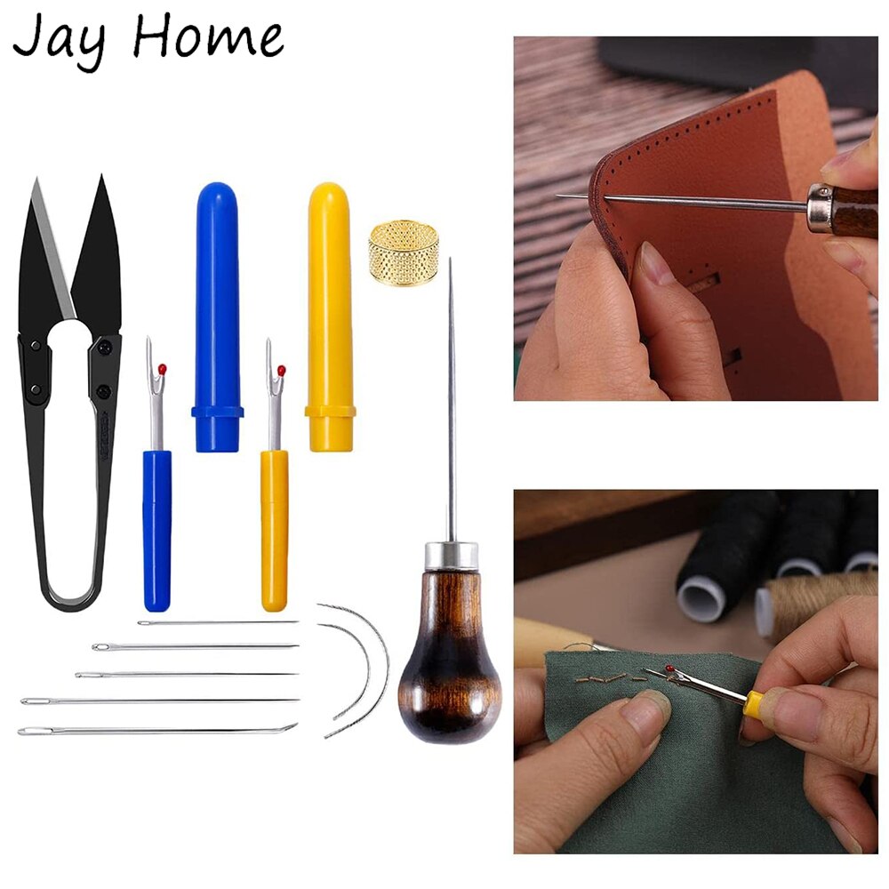 12Pcs Leather Sewing Tools Kit Curved Needles Gourd Awl Leathercraft U Scissors Seam Ripper for Quilting Repairing Stitching