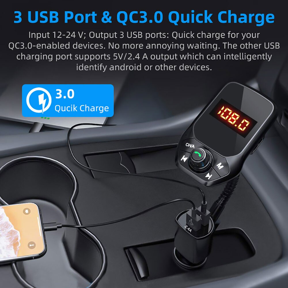 Bluetooth Car FM Transmitter MP3 Player Hands-free Calling Wireless Radio Adapter Kit with 3 USB Ports USB Charger TF Card Aux
