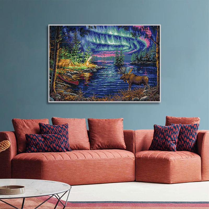 Cross Stitch Stamped Kits 14CT Printed Embroidery Cloth Needlepoint Kits Easy Patterns For Northern Lights Forest Fawn