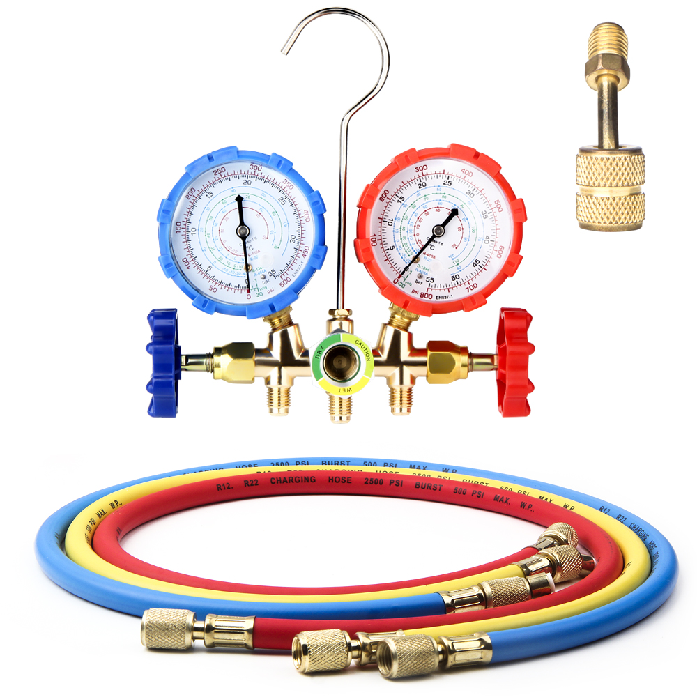 Air Conditioning Pressure Gauge with Hose and Hook 3 Way AC Diagnostic Manifold Gauge Set for Freon For R12 R22 R404A R134a: Gold