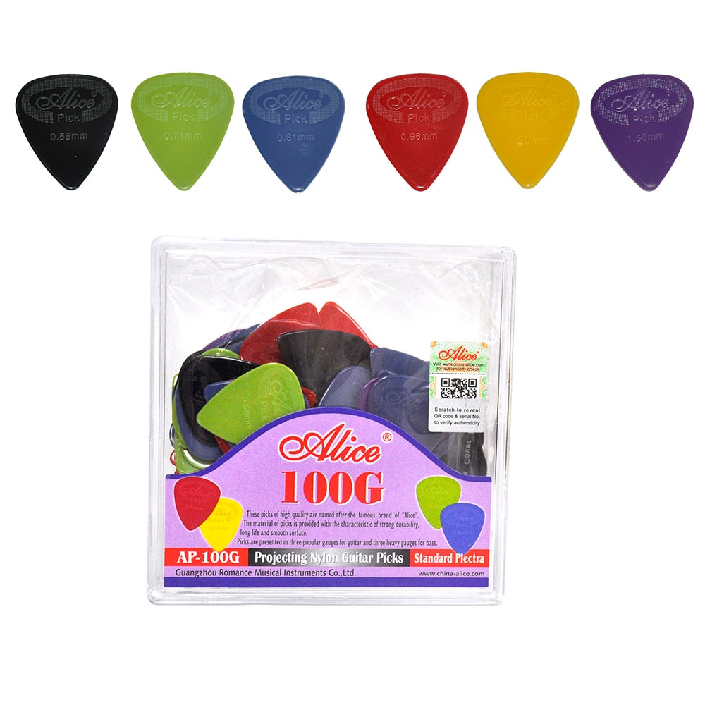 100pcs/pack Alice Projecting Nylon Guitar Picks Standard Plectra AP-100G Multi Thickness