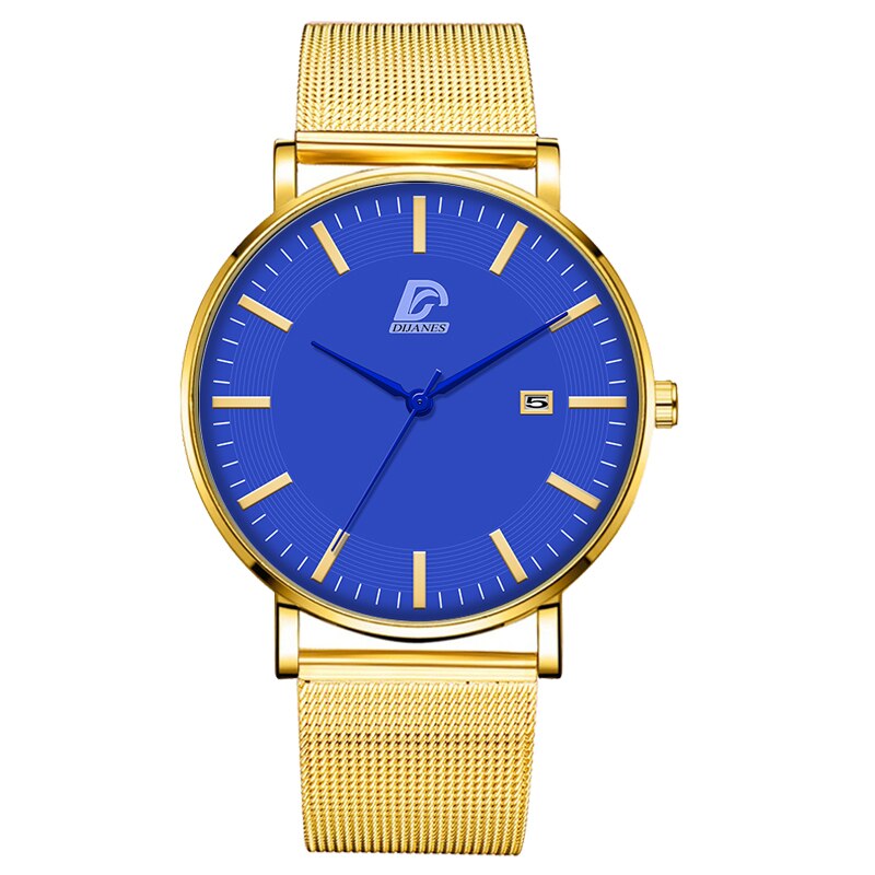 Dijanes miesten business minimalistiset kellot ultraohut ruostumaton teräsverkko vyö analoginen kvartsi rannekello reloj hombre: Mesh kullansininen