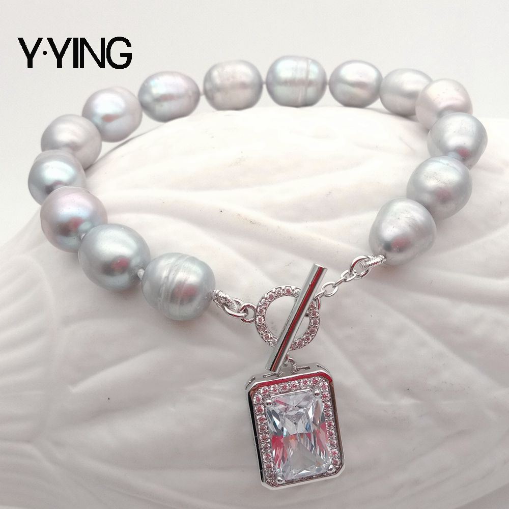 Y·YING 8'' natural Freshwater Gray Rice Pearl Bracelet rectangle Cubic Zirconia pave silver color plated Toggle Clasp classic