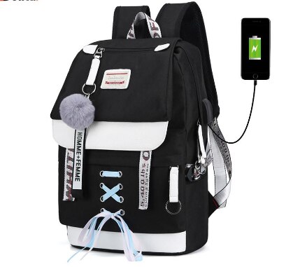 Toile Usb sacs d'école pour filles adolescents sac à dos femmes Bookbags noir grande capacité moyen collège adolescent cartable