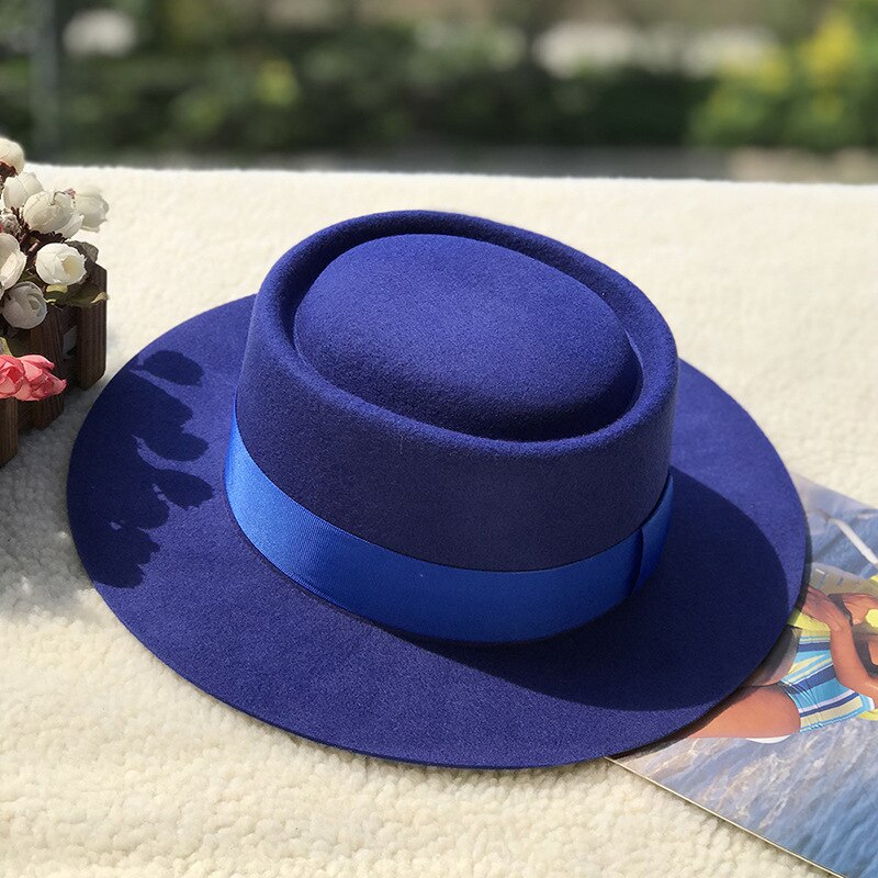 01911- fcm 368 britisk stil uldring flad fedoras kasket mænd kvinder panama jazzhat: Blå