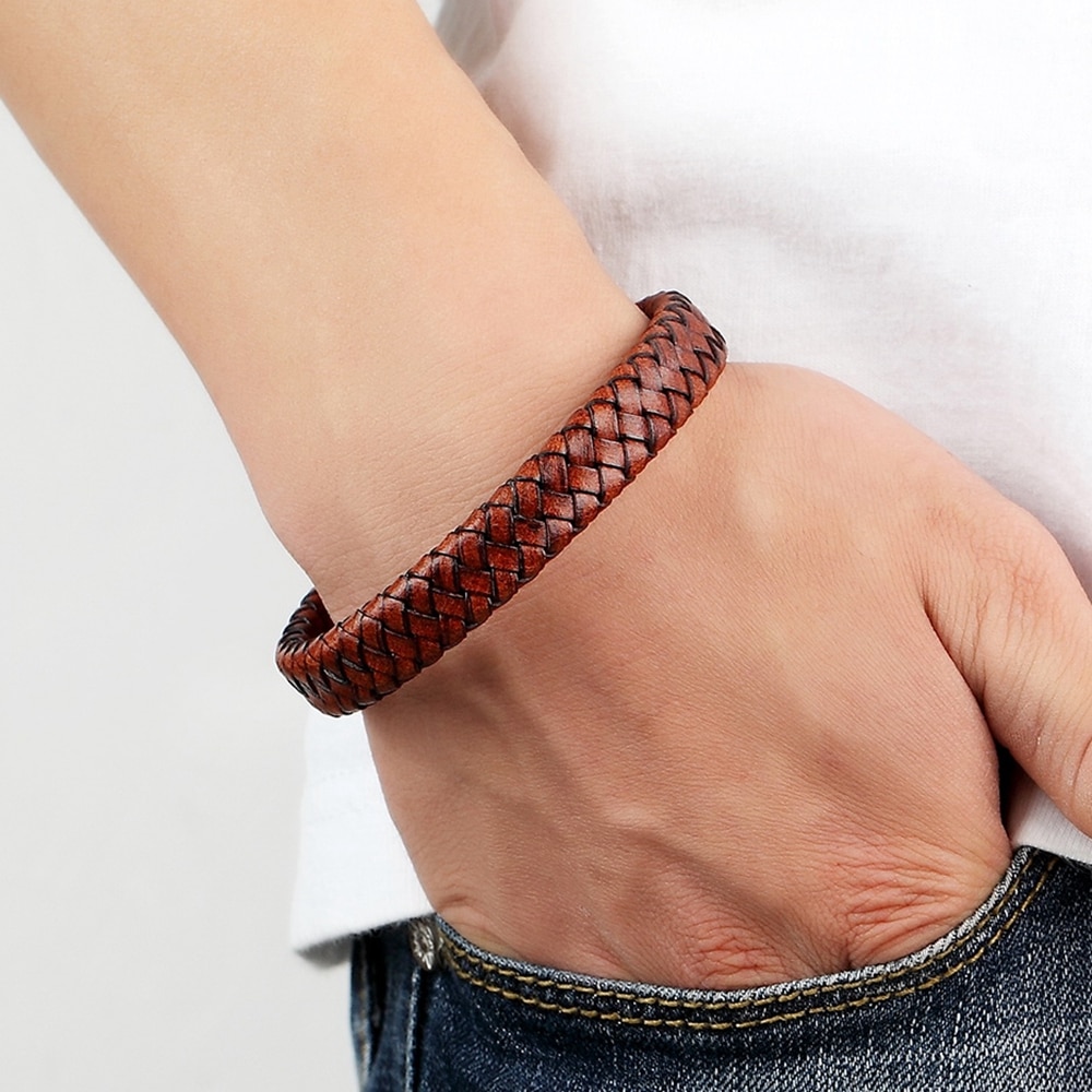 3 Farben Leder Kette Gewebt Männer Armbänder Neue Magnetische Schließe Edelstahl Armbinde Zubehör Frau Mann