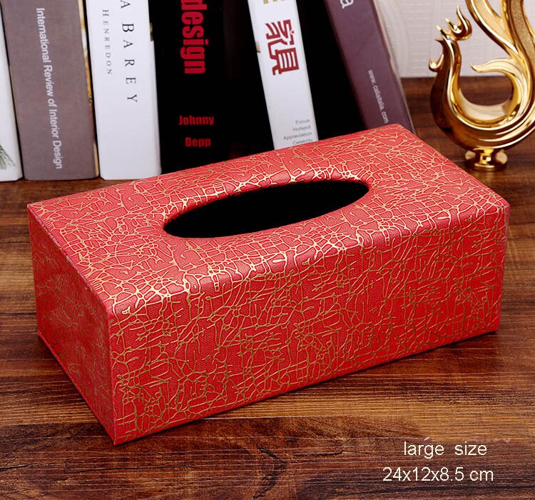 Pu en houten rechthoekige verwijderbare thuis auto tissue box deksel zakdoekendoos auto papier opbergruimte thuis bruiloft decoratie 527: Grote goudrode