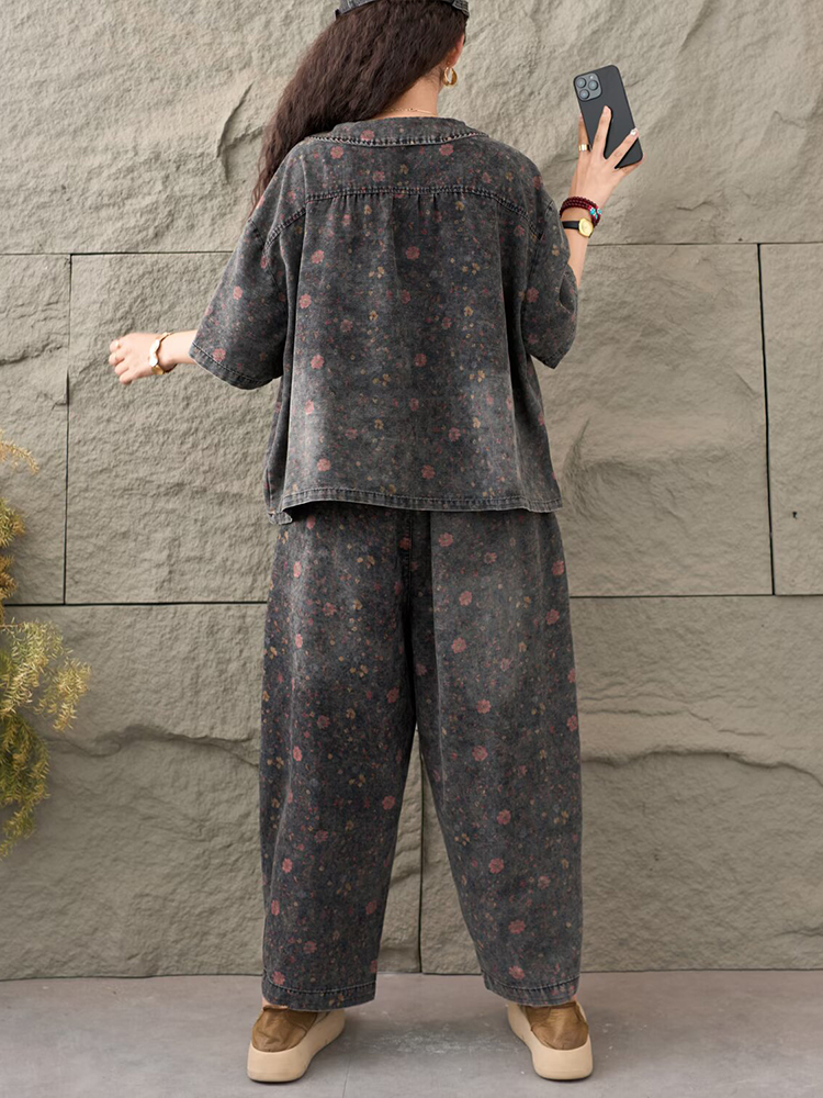 AmaxluluE, trajes vaqueros estampados de verano para mujer, conjuntos de 2 piezas florales sueltos, conjunto de , Tops con cuello redondo, camisetas, pantalones vaqueros informales, pantalones clásicos