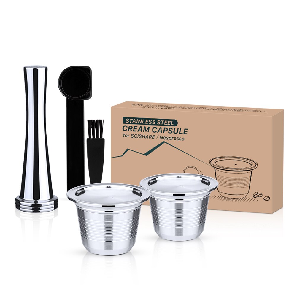 Espresso Capsulas De Cafe Recargables for Nespresso Stainless Steel Square Hole Refillable Capsule for Scishare Reusable Pods: 2capsule  1 tamper