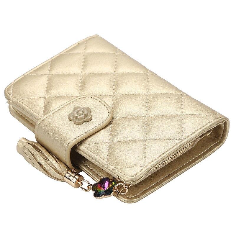 Cartera con cuadros de piel sintética para mujer, tarjetero esmerilado, monedero pequeño con cremallera: Light Gold