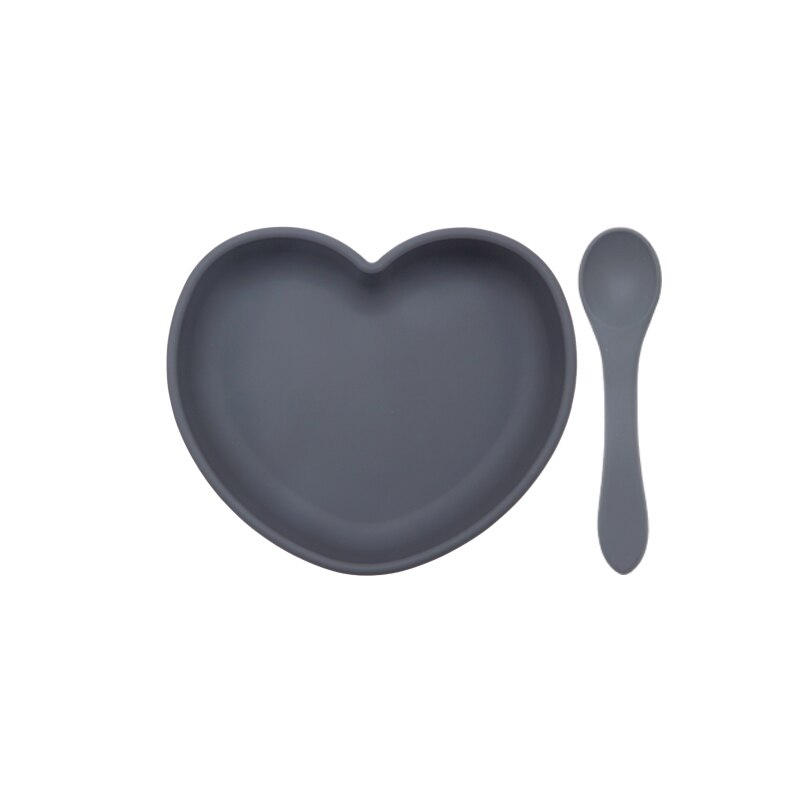 Plato de cena en forma de corazón con succión, juego de alimentación para bebé, cuchara de silicona pura, fácil de limpiar, sin BPA, para Baby Shower, novedad de 2022: 003-dark grey