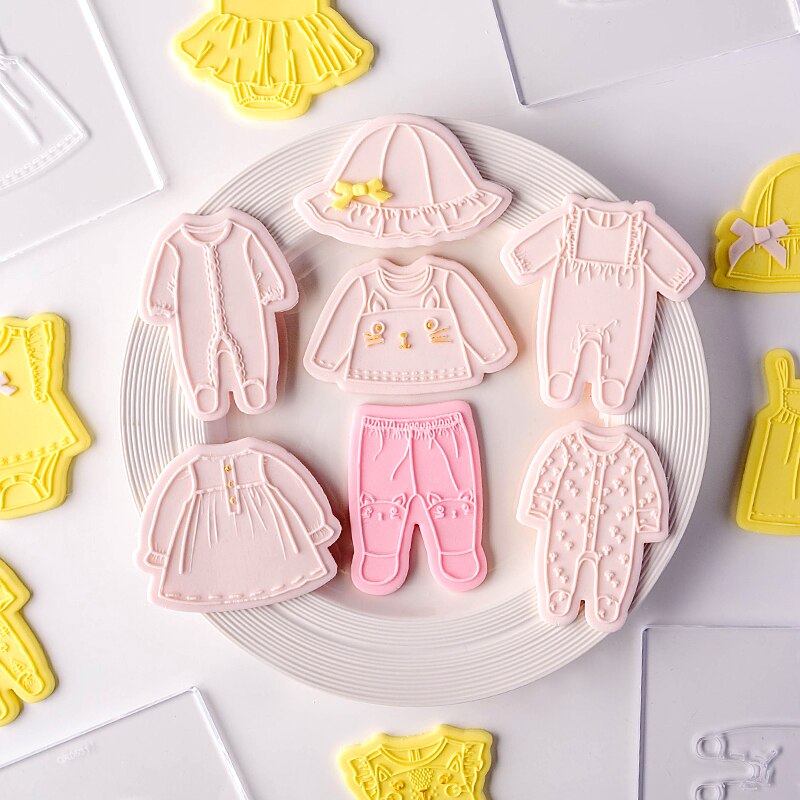 2Pcs Baby Clothes Embossed Cookie Mold Kids Birthday Cake Decorating Tools Fondant Biscuit Cutter Boy Girl Party Dessert Mold
