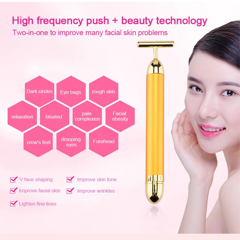 Rouleau électrique de Massage du visage, barre de beauté en or 24K, bâton de soins du visage vibrant et étanche