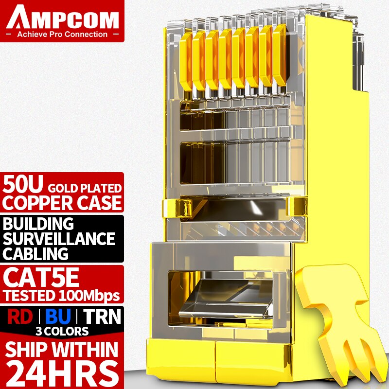 AMPCOM Shielded RJ45 CAT5E Connector Modular Plug Connector 8P8C Crimp End Ethernet Cable Ethernet Connector Gold-Plated 50U