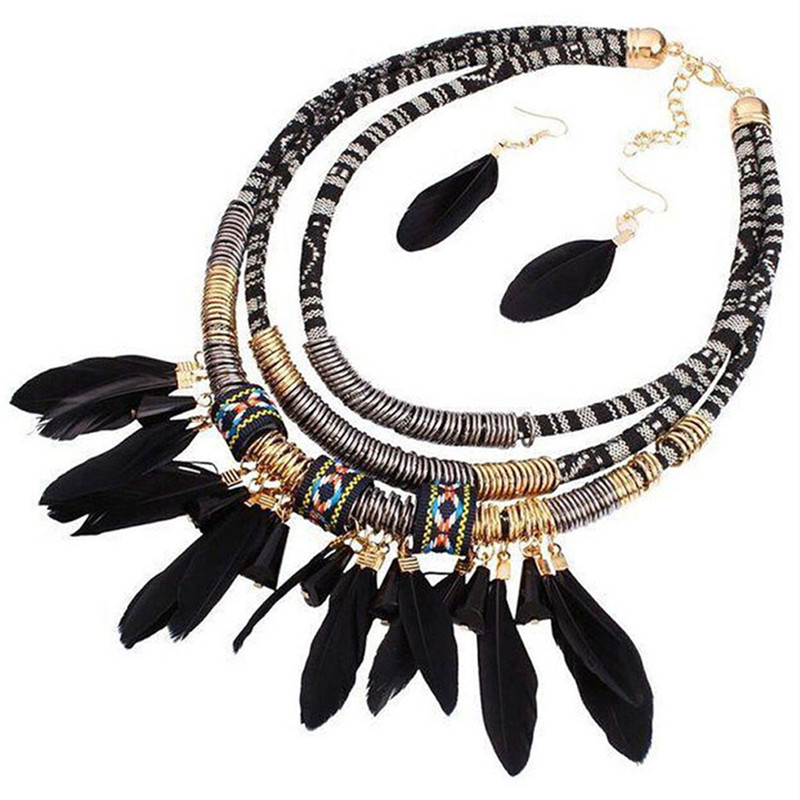 Vintage Etnische Veer Choker Ketting Oorbellen Set Voor Vrouwen Multilayer Ketting Oorbellen Sieraden Sets