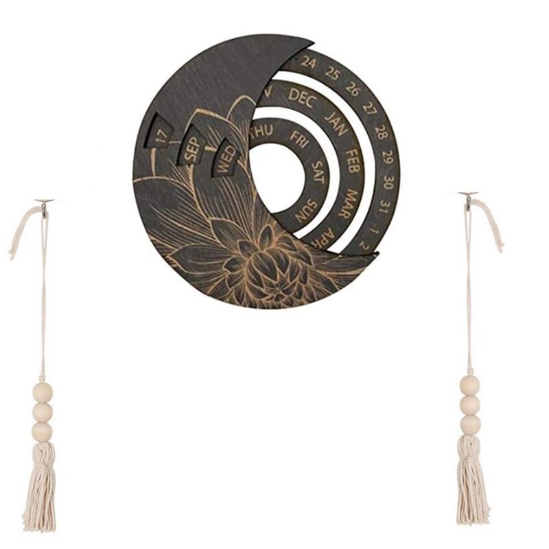 Wooden Perpetual Calendar,Wall Mounted Rotatable Calendar,Adjustable Circular Calendar,for Home/Office/School,10Inch: Dark Gray