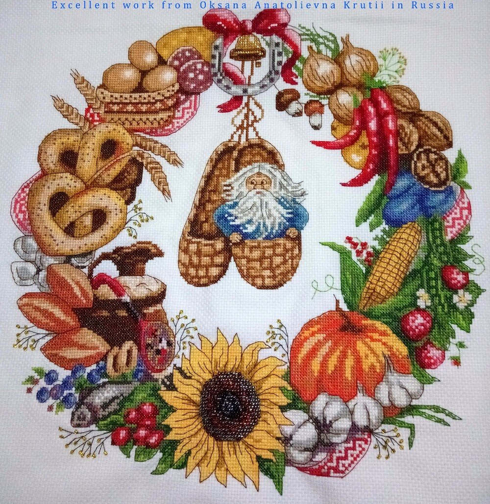 Topp romantisk nostalgisk räknad korsstygssats mat krans krans av gott, frukt blomma bröd jul krans