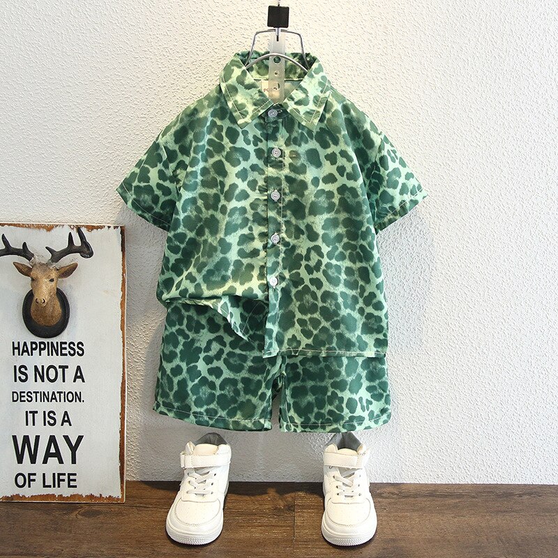Conjunto de verano para niños, conjunto de blusa y pantalón corto de 2 piezas, ropa con estampado de leopardo, para bebés de 2 a 12 años: 12T (high 140-150cm)