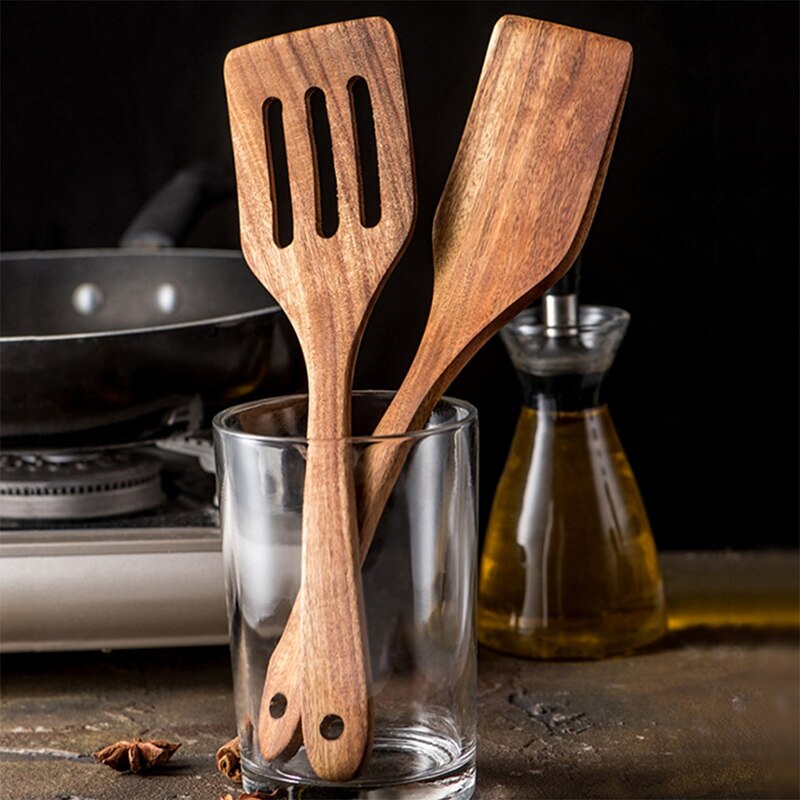 Teak Wood Turner Long Handle Spatula Kitchen Turner Non Stick Cooking Utensils Wooden Spatula Slotted Turner Set Wooden Utensils