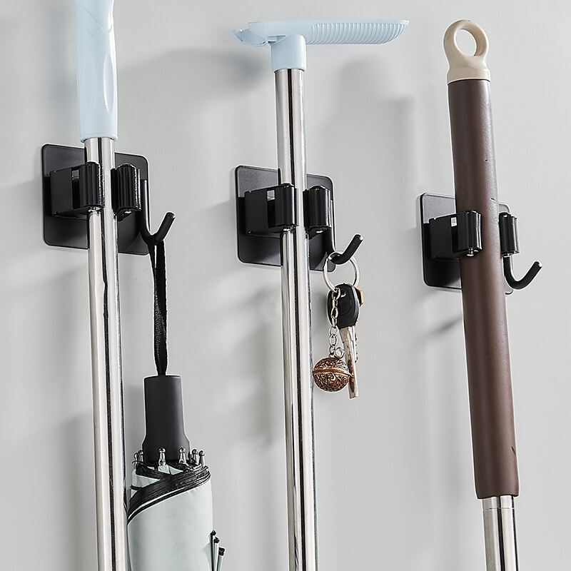 Salon balai et serpillère support inox robe crochets installation sans vis noir salle de bain étagères parapluie étagère de rangement