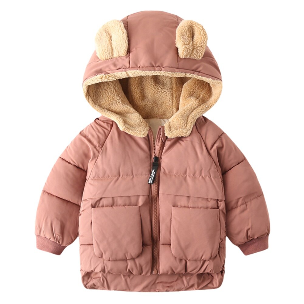 Winter Baby Kids Down Parka Pure Kleur Capuchon Gewatteerde Jas Jas Schattige Beer Jongens Meisjes Fleece Uitloper Jas: A / 4-5T