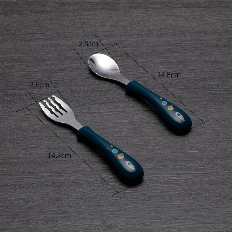 Juego de cuchara y tenedor para bebé, cubiertos de acero inoxidable de seguridad para alimentación de niños, utensilio de dibujos animados, vajilla infantil, 2 piezas: Dark blue-bent