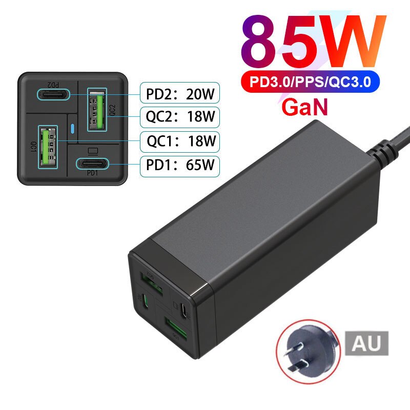 Chargeur USB C 85W, URVNS GaN Tech PD 65W PPS 33W QC 18W, Station de charge rapide USB-C pour iPhone, Samsung, MacBook: AU