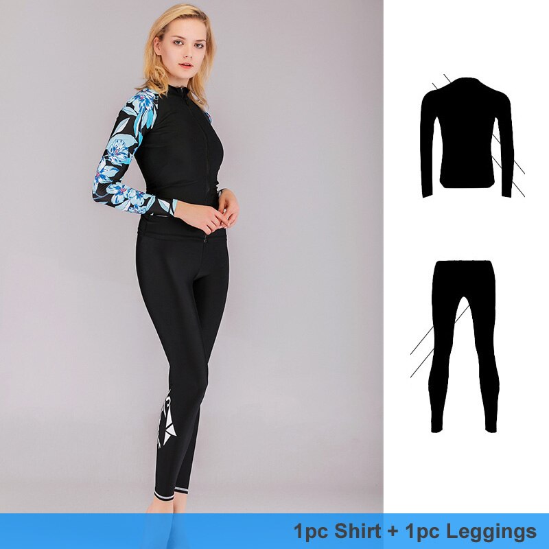 2- delt sæt langærmet dame lynlås rashguard uv-beskyttelse surfedragt badetøj rash guard skjorte og leggings dykkerskind: Skjorte og leggings / M