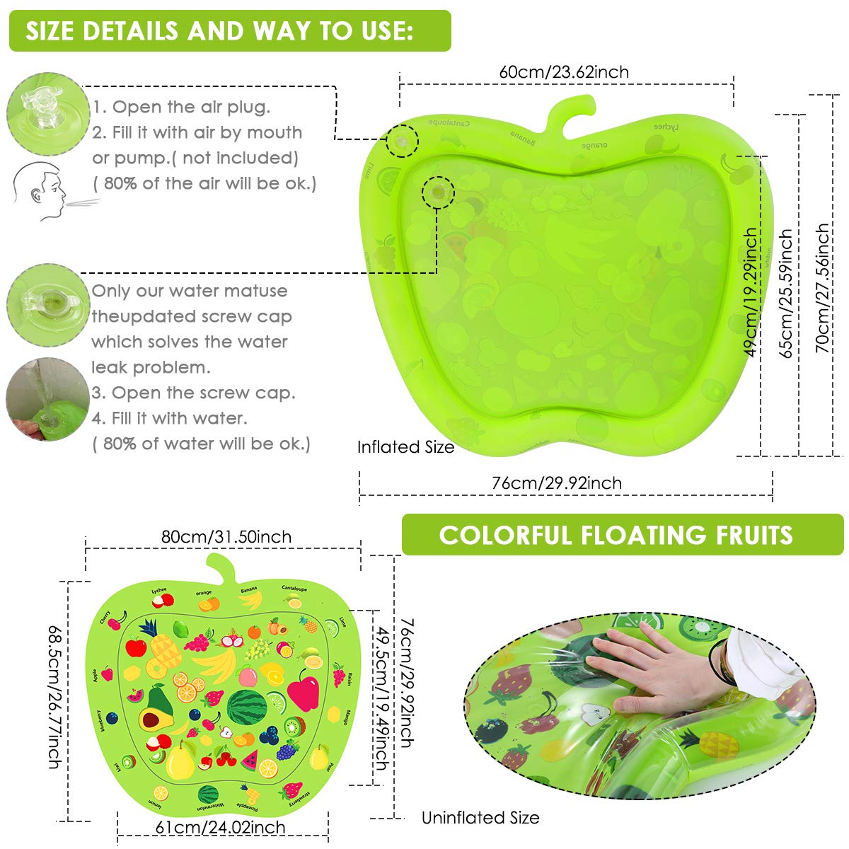 Tummy Time Baby Inflatable Water Mat, Apple Shape Infants Toddlers Activity Center Sensory Developmental Play Mat with Toys