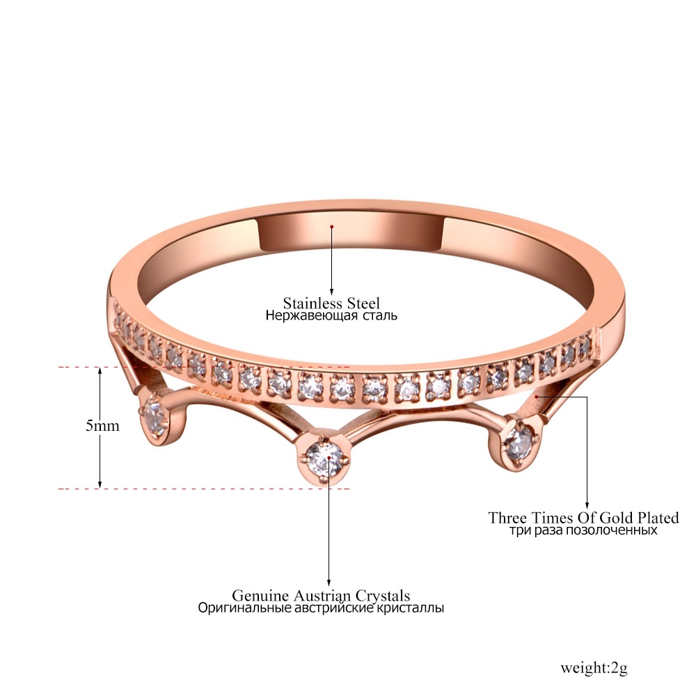 Lokaer Trendy Titanium Stainless Steel Rhinestone Crown Ring Jewelry Classic Rose Gold CZ Crystal Wedding Rings For Women R19137