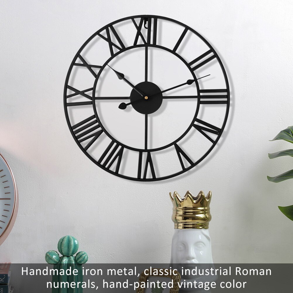 Retro Roman Numeral Wall Clock Crafts Ornaments Iron Black 40cm Retro Large Living Room Office Art Wall Home Decorative