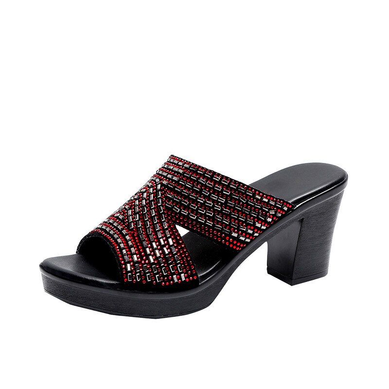 Asumer 8 Cm Hoge Hakken Slipper Vrouwen Platform Schoenen Kristal Elegante Zomer Casual Party Schoenen Dames Slipper: Rood / 5