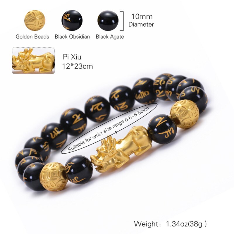 Feng shui preto obsidian grânulos pulseira de alta qualidade pixiu riqueza pulseiras para homens charme buda liga jóias