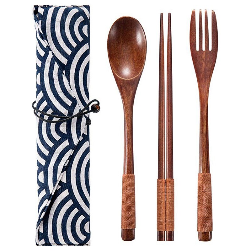 2 sets houten bestek, servies, bestekset, reisbenodigdheden, vastgebonden lijn, herbruikbaar bestek, houten vork, lepel, eetstokjes
