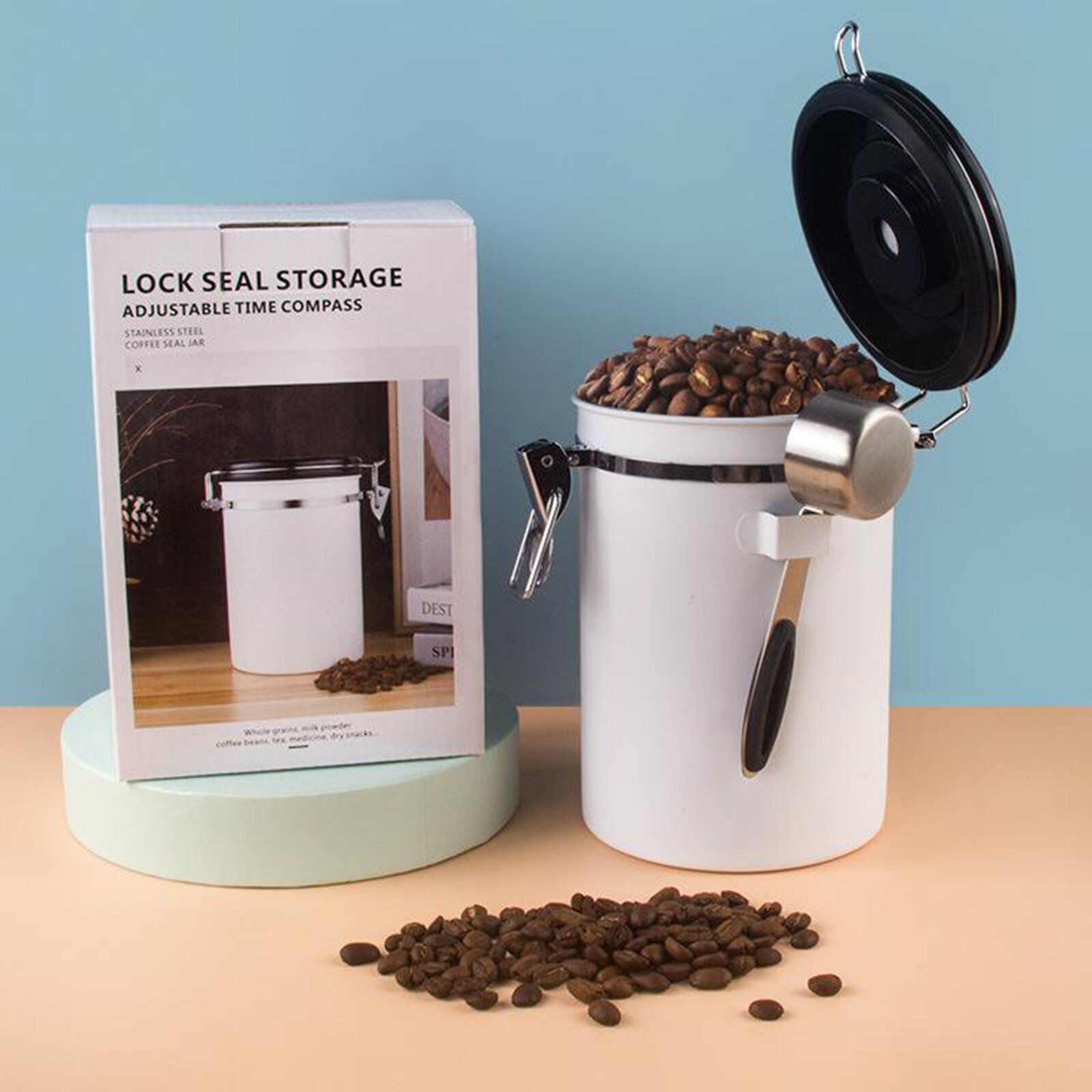 Coffee Canister Airtight Stainless Steel Container Jar for Coffee Beans and Grounds: White 1500ml