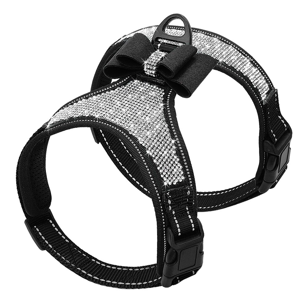 Reflecterende Diamond Bling Strass Strik Hond Harnas Nylon Huisdier Aangelijnd Kleine Medium Hond Harnassen Vest Dierbenodigdheden D30: Black / M