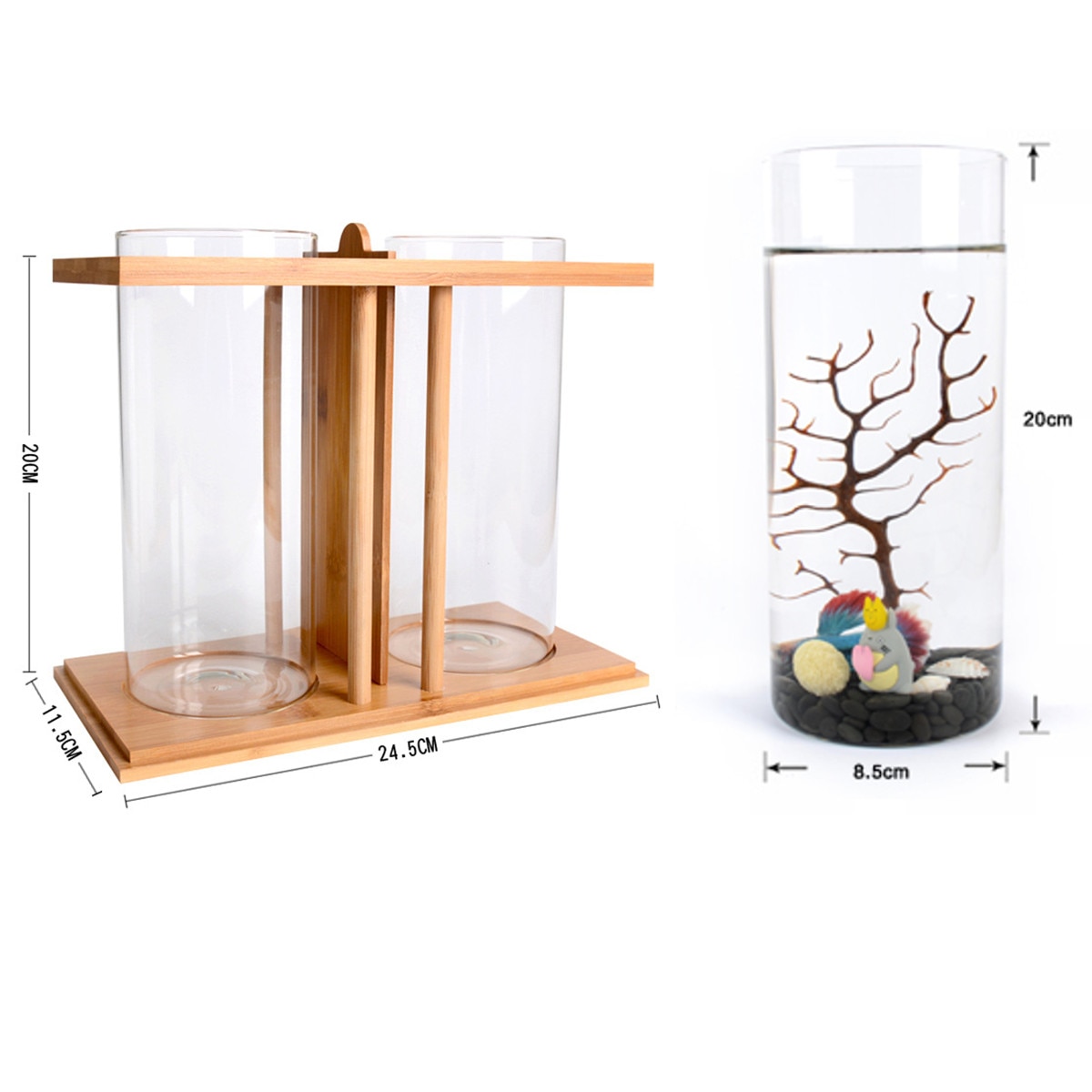 Mini acuario de bambú Mini claro doble cristal planta pecera iluminación LED peces de escritorio paisaje decoraciones de acuario accesorio