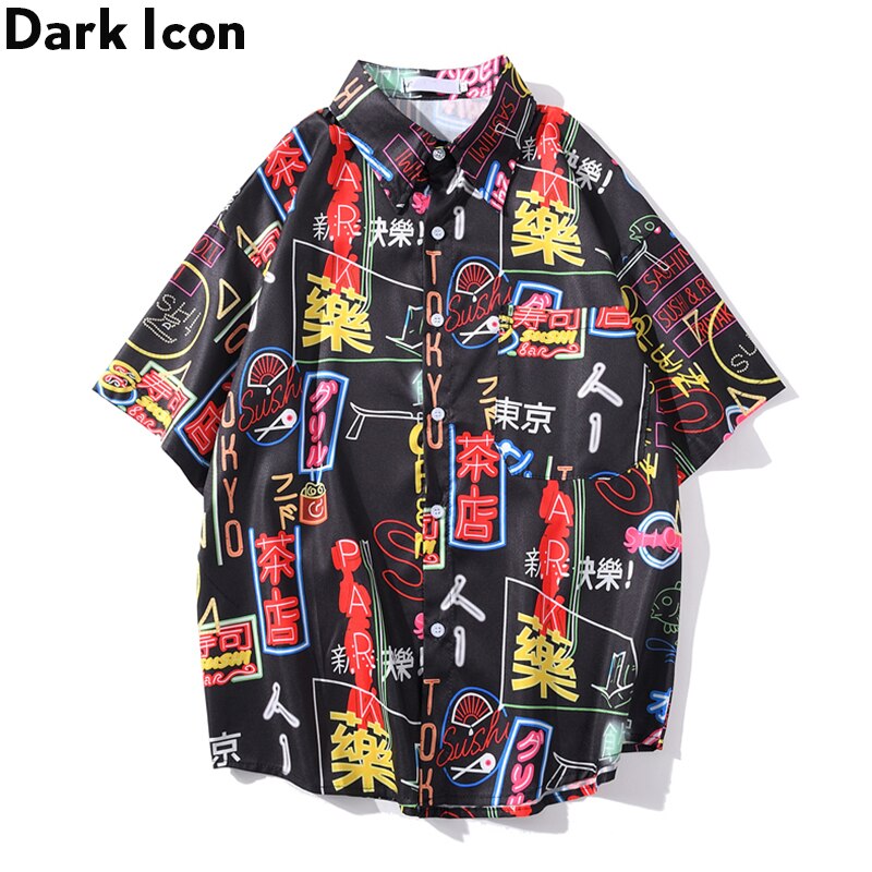 Mörk ikon tryckt hawaii skjorta herr sommar herrskjorta kortärmad streetwear kläder