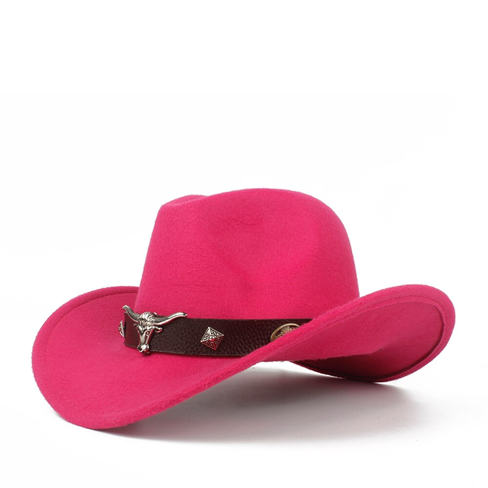Barn barn ull ihålig western cowboyhatt roll-up brim pojke tjej svart sombrero hombre jazz keps storlek 52-54: Rosröd