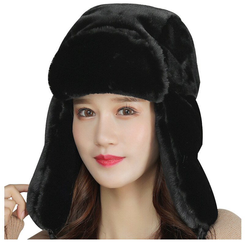 Gorros de mujer lisos de , gorro de lana de invierno para exteriores cálido y mullido con orejeras de piel sintética, gorro de esquí grueso, gorro de aviador, gorro para hombre: Black